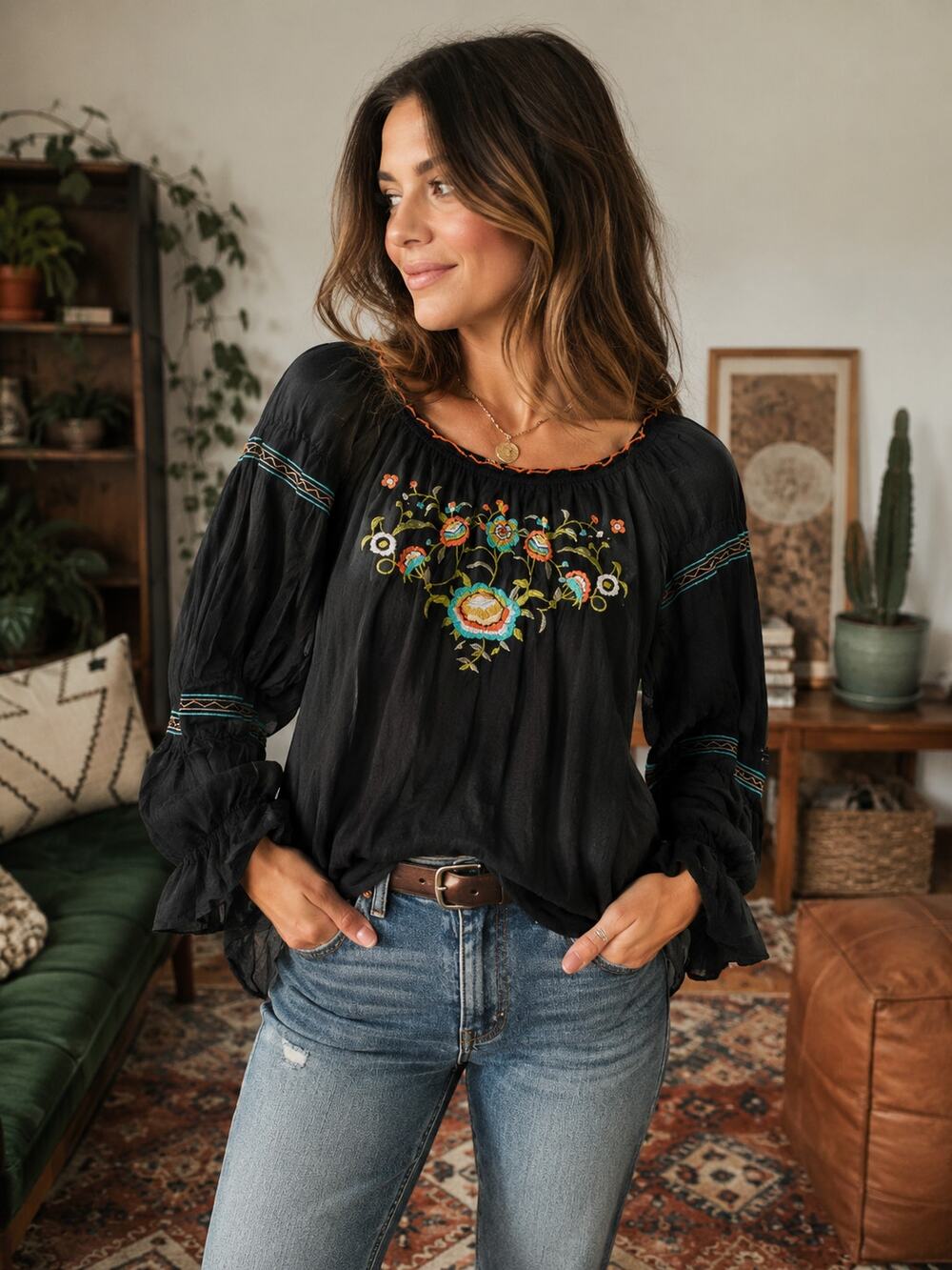 Melissa Paige Boho Floral Embroidered Peasant Blouse Black Petite M